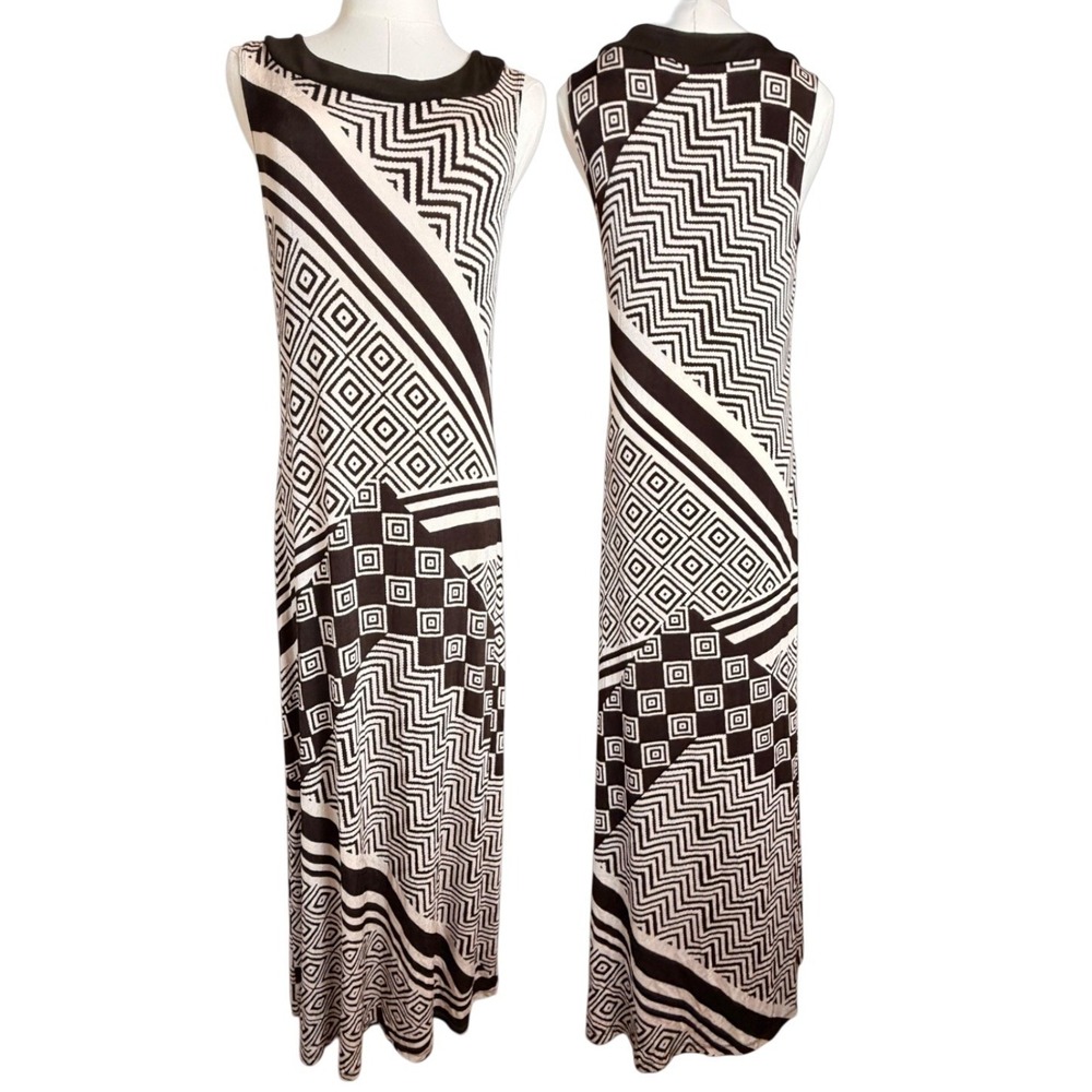 Chicos Travelers Maxi Dress 0 Brown Cream Geometric Sleeveless USA Resortwear - Picture 3 of 13